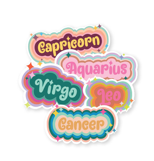 Collection of Capricorn, Aquarius, Virgo, Leo, and Cancer astrological sign stickers with colorful stripe borders and star accents