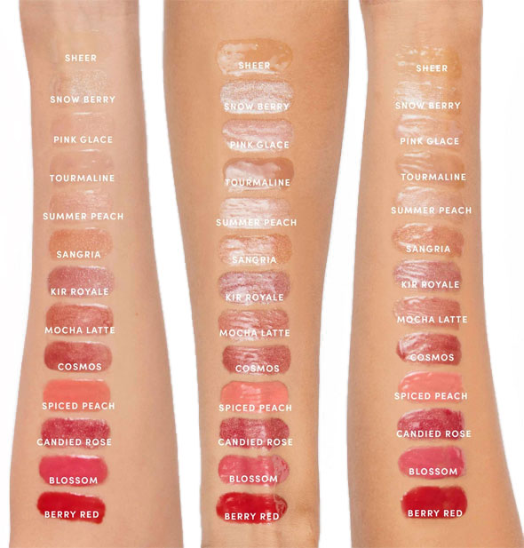 Three models' arms with labeled color swatches for each Jane Iredale HydroPure Lip Gloss shade