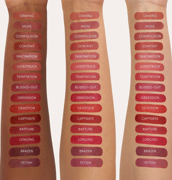 Three models' arms in three different skin tones are each painted with all 15 labeled shades of Jane Iredale Beyond Matte Lip Stain