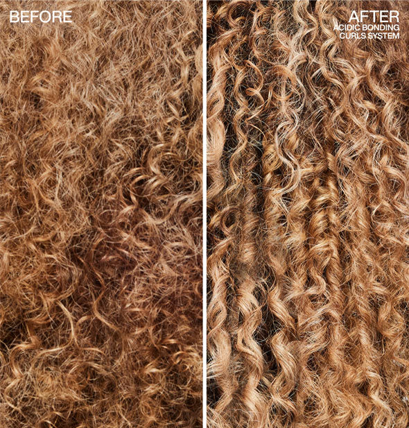 Side-by-side comparison of model's curly hair before and after using the Redken Acidic Bonding Curls System