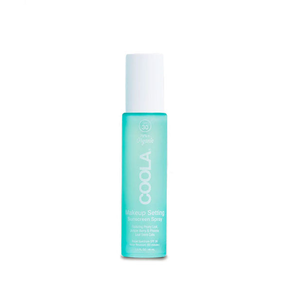 Blue 1.5 ounce bottle of Coola Makeup Setting Sunscreen Spray with white lettering and white cap