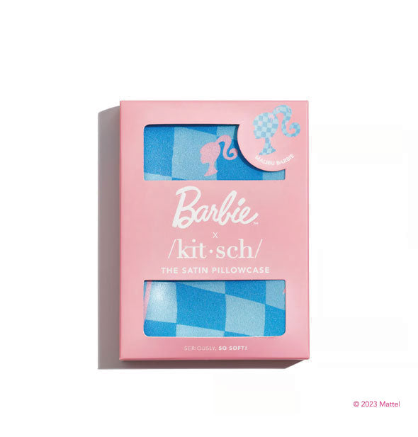 Pink box containing a blue checker print Barbie x Kitsch Satin Pillowcase that is partially visible through windows in packaging