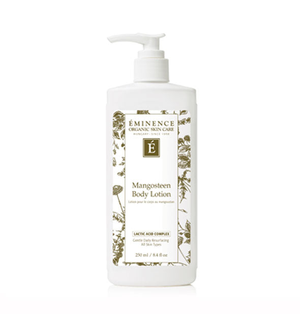 White 8.4 ounce bottle of Eminence Mangosteen Mody Lotion with pump nozzle and green floral accents
