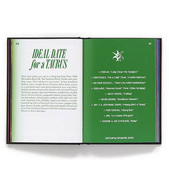 Page spread from Margarita in Retrograde features a section titled, "Ideal Date for a Taurus"