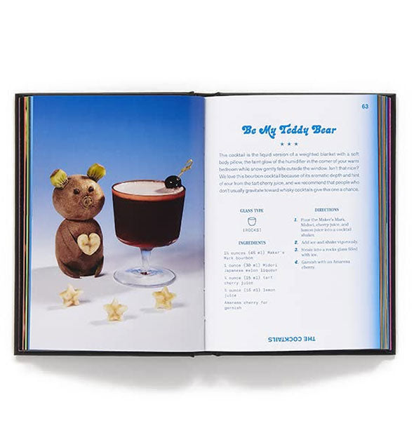 Page spread from Margarita in Retrograde features a recipe with photograph for the "Be My Teddy Bear" cocktail