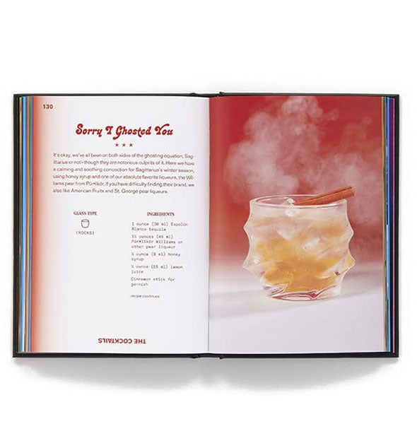 Page spread from Margarita in Retrograde features a recipe with photograph for the "Sorry I Ghosted You" cocktail