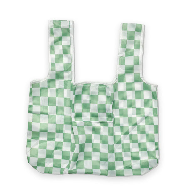 Green and white checkered bag with wide handles and exterior slip pocket