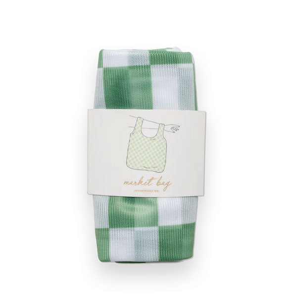 Folded green and white checkered Market Bag in wrap-around packaging