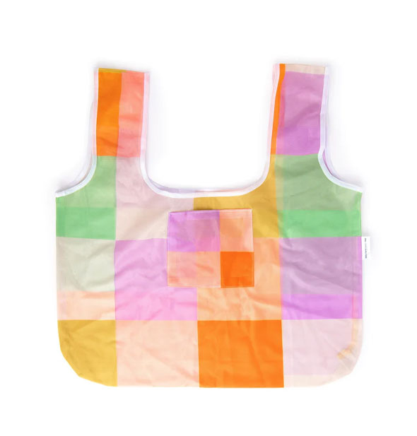 Multicolored checkered bag with wide handles and exterior slip pocket