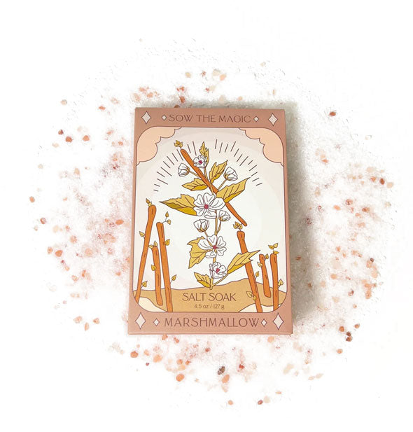 Packet of Marshmallow Salt Soak is surrounded by salt granules and features a tarot-themed illustration of the marshmallow plant