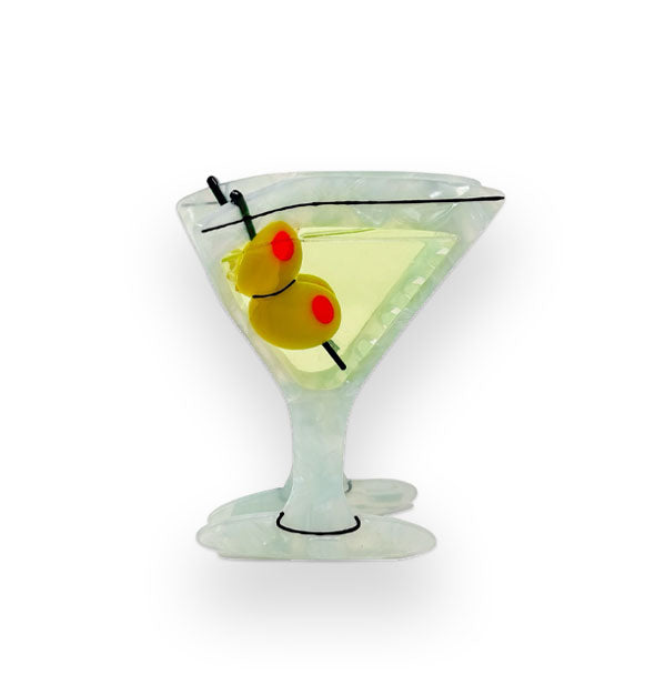 Hair clip designed to resemble a martini glass with olive garnish