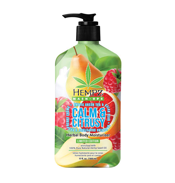 17 ounce bottle of Hempz Limited Edition Mash-Ups Calm & Citrusy Herbal Body Moisturizer with all-over bold fruit imagery