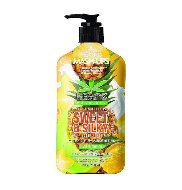 17 ounce bottle of Hempz Limited Edition Mash-Ups Sweet & Silky Herbal Body Moisturizer with all-over bold fruit imagery