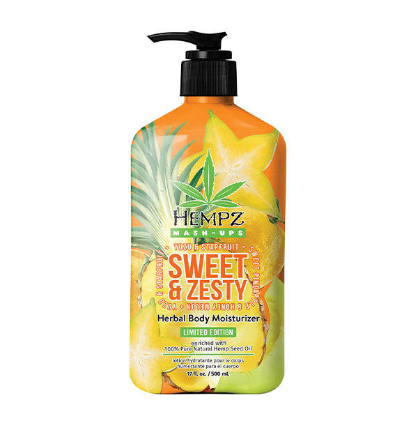 17 ounce bottle of Hempz Limited Edition Mash-Ups Sweet & Zesty Herbal Body Moisturizer with all-over bold fruit imagery