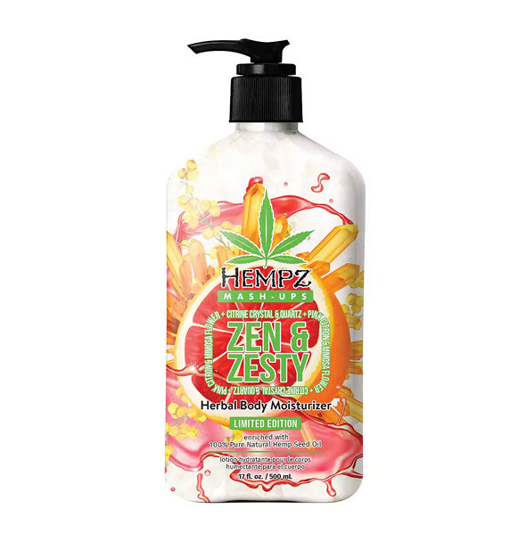 17 ounce bottle of Hempz Limited Edition Mash-Ups Zen & Zesty Herbal Body Moisturizer with all-over bold fruit and crystal imagery