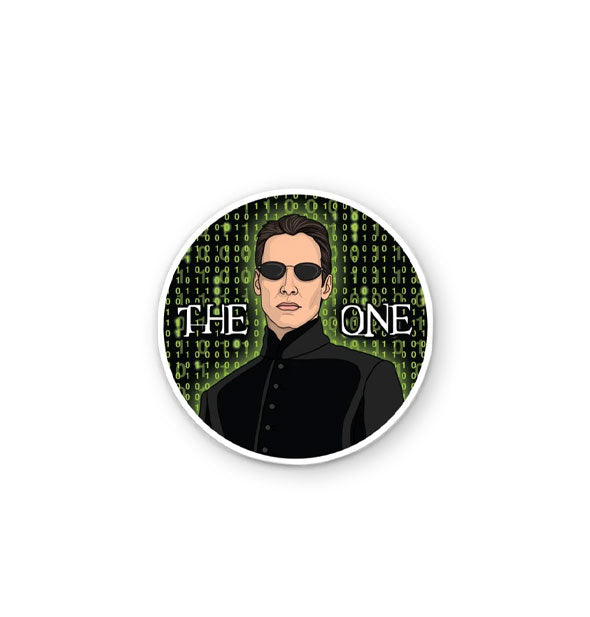 Round sticker with white border features illustration of Neo from The Matrix against green digital rain background and between the words, "The One" in white lettering