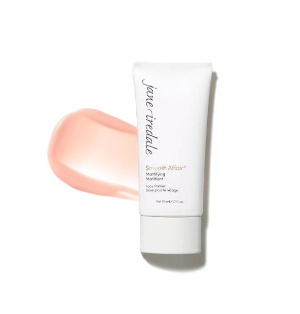 1.7 ounce white tube of Jane Iredale Smooth Affair Mattifying Face Primer with enlarged product sample behind