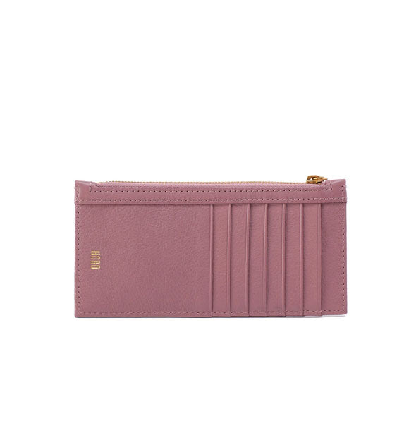 Rectangular dusky purple leather card case with card slots, gold Hobo logo, and top zipper with gold hardware