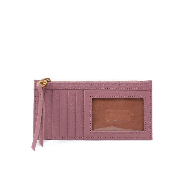 Rectangular dusky purple leather card case wallet with card slots, ID window, and top zipper with gold hardware and matching elongated leather pull tab