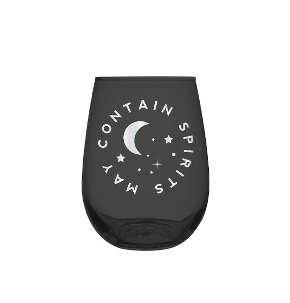 Stemless black wine glass says, "May contain spirits" in white lettering around stars and crescent moon