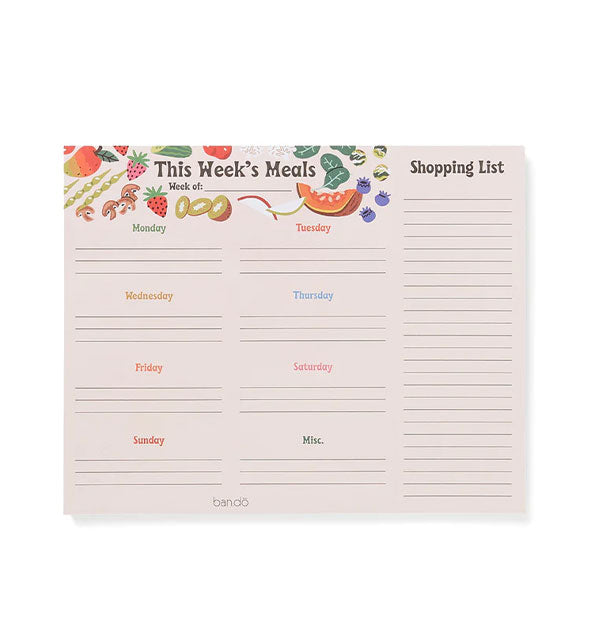 Intermittently lined pad of This Week's Meals and Shopping List with colorful fruit artwork and day of the week section headers