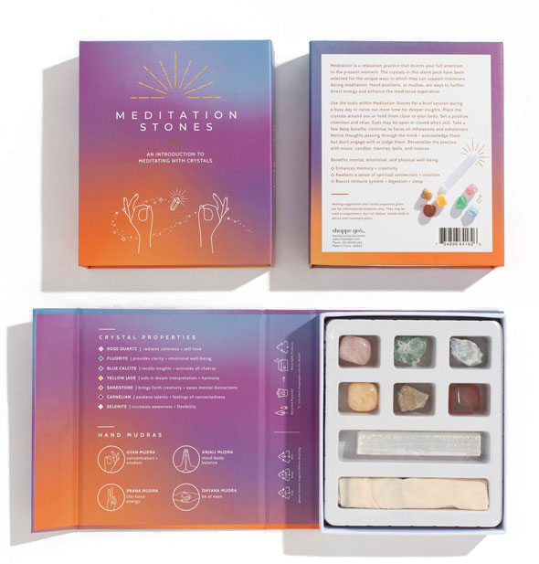 Meditation Stones kit shown closed with back view and open to reveal contents in a tray separator
