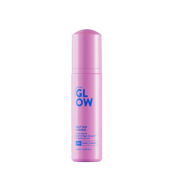 Pink 6.76 ounce bottle of Medium shade Australian Glow 1 Hour Express Self Tan Mousse with blue lettering