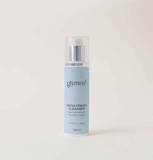 6.75 ounce light blue bottle of GlyMed+ Mega Cream Cleanser with silver and white pump nozzle under a clear cap