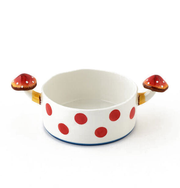 White ceramic bowl with large red spots features mushroom handles