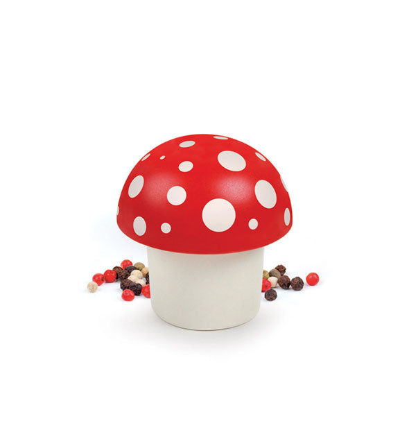 Red and white mushroom figurine flanked by multicolored peppercorns