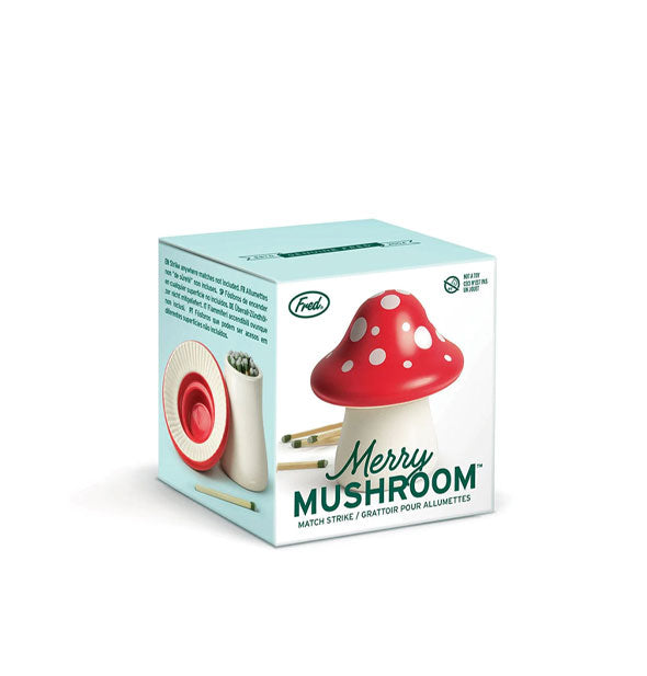 Merry Mushroom Match Strike box with image of red and white spotted ceramic mushroom