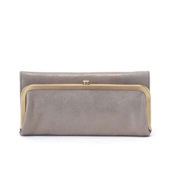 Metallic gray leather wallet with gold-toned hardware