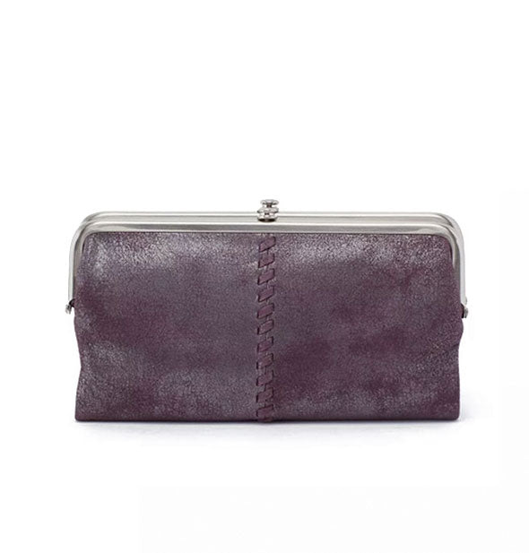 Muted purple metallic-finish leather wallet with braid detail on center side and top silver-toned frame hardware