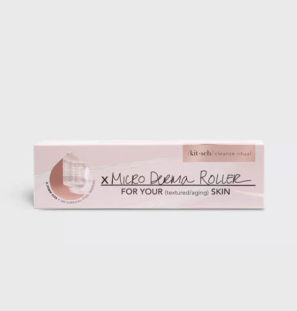 Pink Kitsch Cleanse Ritual Micro Derma Roller box with head of the roller visible through a round window in packaging at left