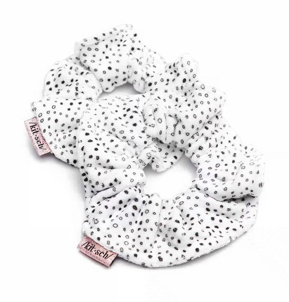 Two black and white polkadot Kitsch microfiber hair scrunchies