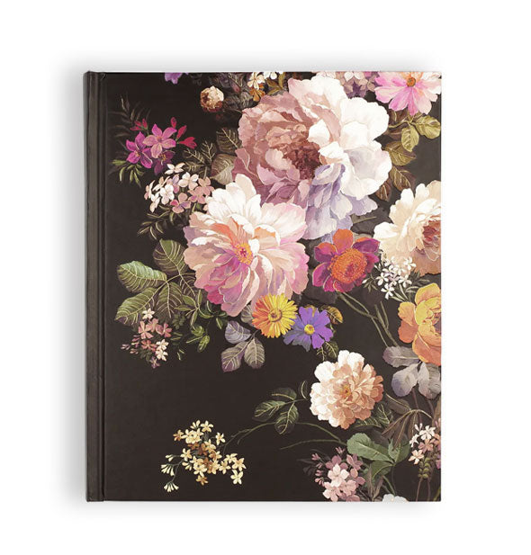 Black journal cover features colorful floral pattern