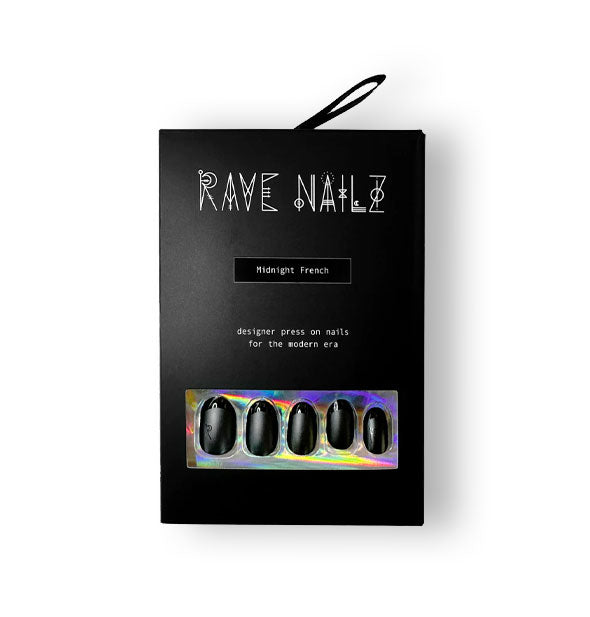 Black pack of Rave Nailz Midnight French press on nails with some nails visible through bottom window in packaging