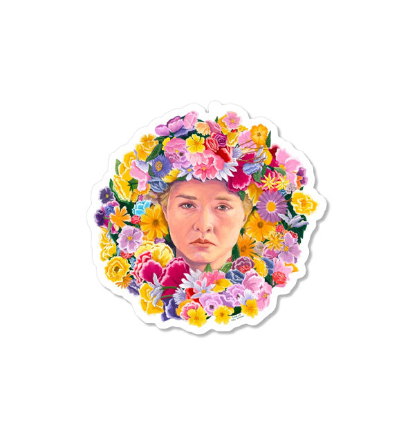 Sticker with illustration of Florence Pugh as Dani from Midsommar in the center surrounded by colorful flowers