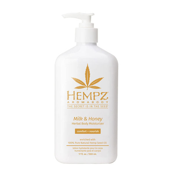 White 17 ounce bottle of Hempz Aromabody Milk & Honey Herbal Body Moisturizer with orange lettering and design accents