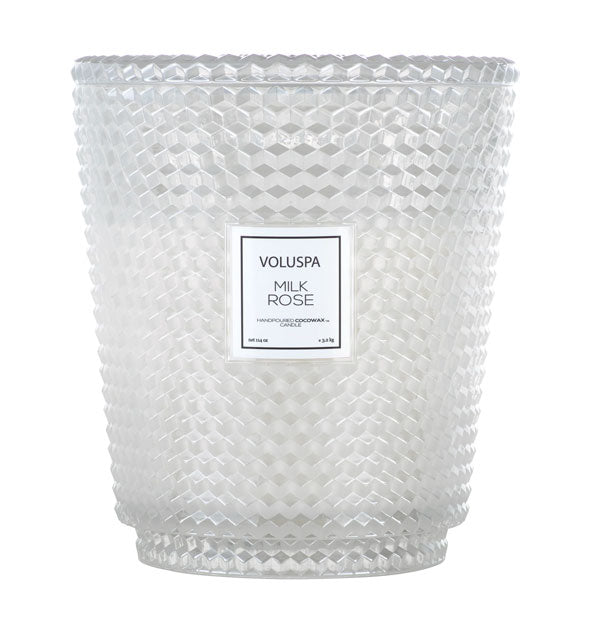 Giant 114-ounce silvery-white textured Voluspa Milk Rose glass jar candle with matching lid