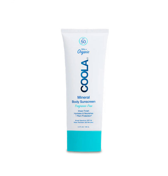 White 5 ounce tube of Fragrance-Free Coola Mineral Body Sunscreen with blue cap and lettering