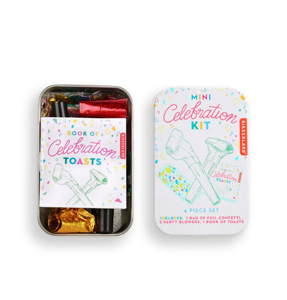 Rectangular white Mini Celebration Kit tin with colorfully printed lid removed to reveal contents which include a book of toasts on top