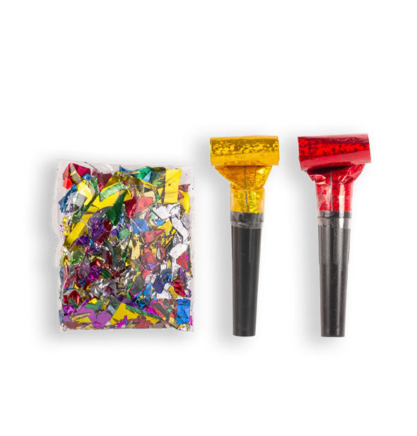 Additional contents of the Mini Celebration Kit: bag of colorful foil confetti and gold and red party blowers