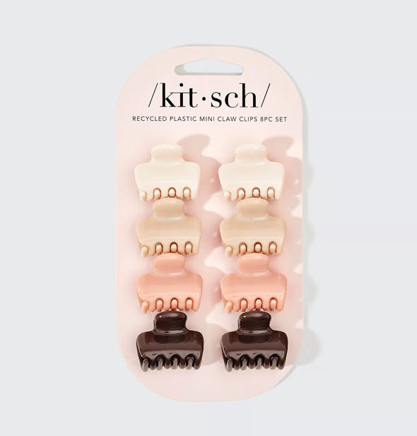 Set of eight mini claw clips on Kitsch product card: two cream, two tan, two terracotta pink, and two chocolate brown