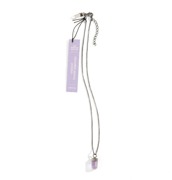 Purple amethyst crystal point charm on pewter chain with extender and tag