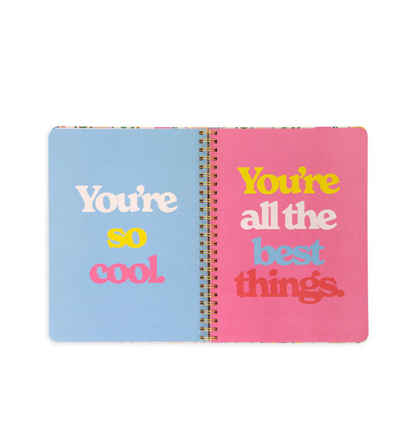 Spiral-bound notebook centerfold features blue and pink pages that say, "You're so cool" and "You're all the best things" respectively in large colorful lettering