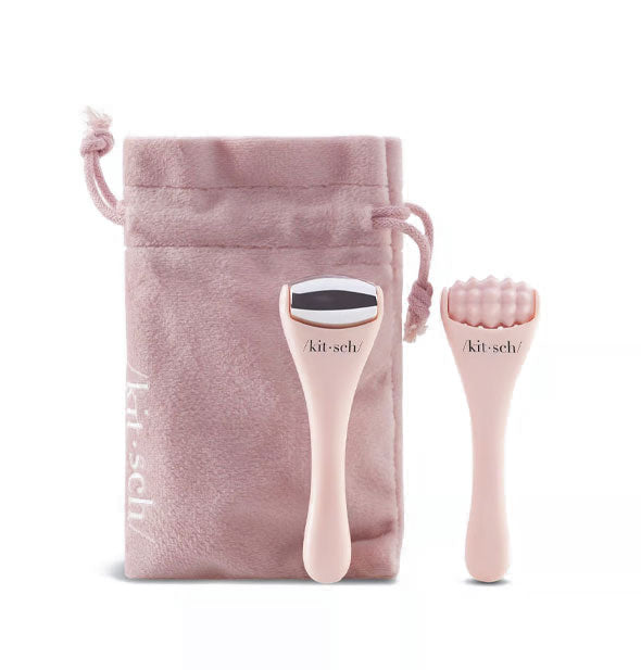 Pair of mini facial rollers by Kitsch with pink storage bag