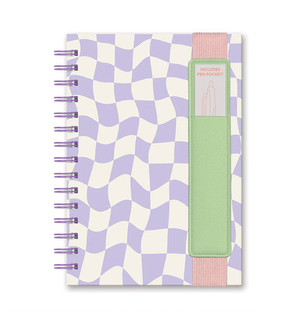 Wire-bound notebook with purple and white wavy checker print and a pink and green elastic pen sleeve band