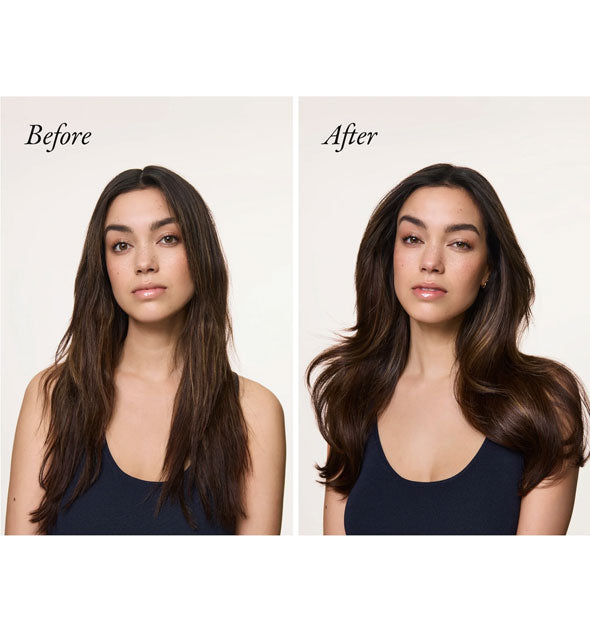 Side-by-side comparison of model's hair before and after using Oribe Mirror Rinse Glass Hair Treatment