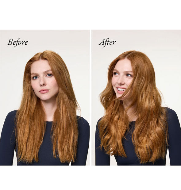 Side-by-side comparison of model's hair before and after using Oribe Mirror Rinse Glass Hair Treatment